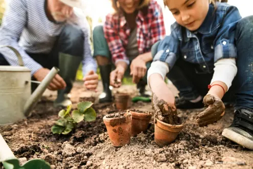 family doing spring activity by planting some flowers